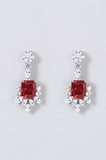 White Finish Red Stone & Zircon Dangler Earrings