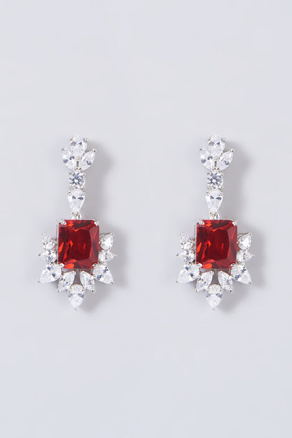 White Finish Red Stone & Zircon Dangler Earrings