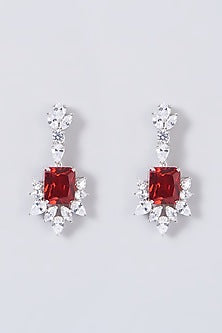 White Finish Red Stone & Zircon Dangler Earrings