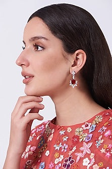 White Finish Red Stone & Zircon Dangler Earrings