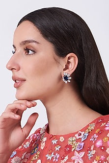 White Finish Blue Stone & Zircon Stud Earrings