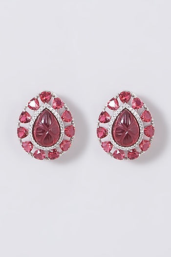 White Finish Stud Earrings With Red Stones