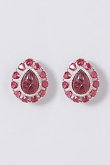 White Finish Stud Earrings With Red Stones