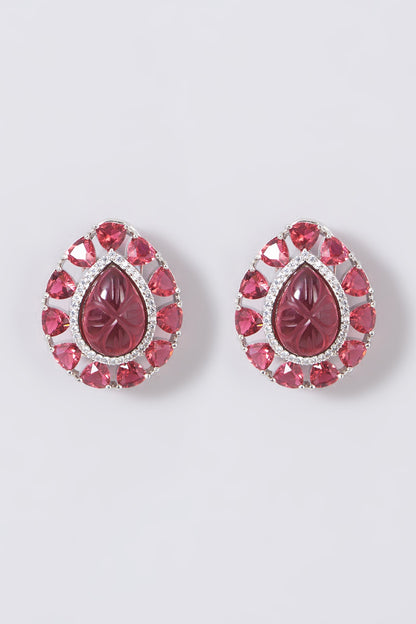 White Finish Stud Earrings With Red Stones