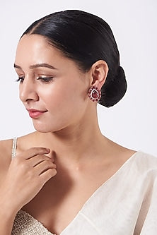 White Finish Stud Earrings With Red Stones