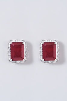 White Finish Red Stone & Zircon Stud Earrings