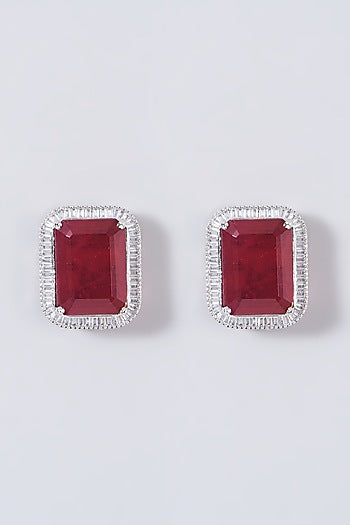 White Finish Red Stone & Zircon Stud Earrings