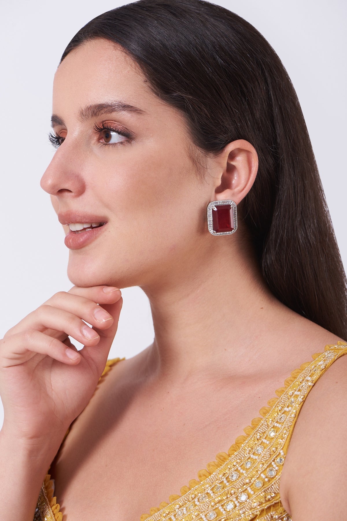White Finish Red Stone & Zircon Stud Earrings