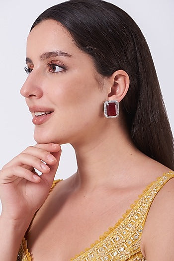 White Finish Red Stone & Zircon Stud Earrings