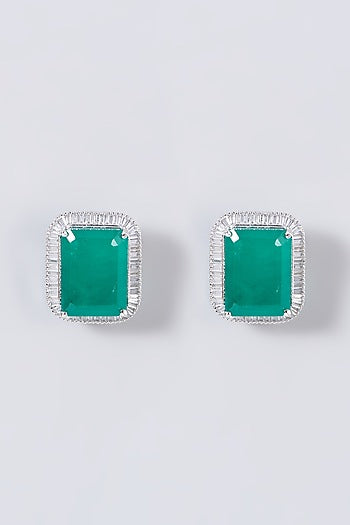 White Finish Green Stone & Zircon Stud Earrings
