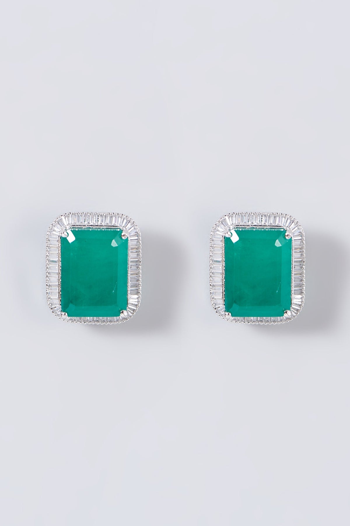White Finish Green Stone & Zircon Stud Earrings