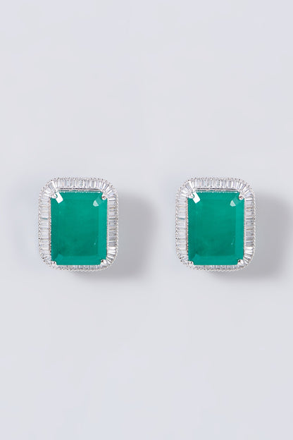 White Finish Green Stone & Zircon Stud Earrings