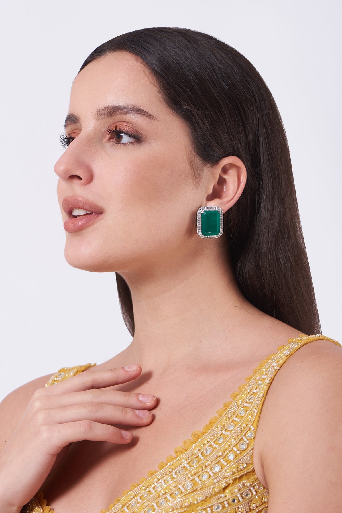 White Finish Green Stone & Zircon Stud Earrings