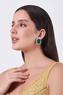 White Finish Green Stone & Zircon Stud Earrings