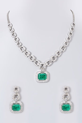 White Finish Green Stone & Zircon Necklace Set