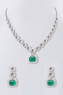 White Finish Green Stone & Zircon Necklace Set