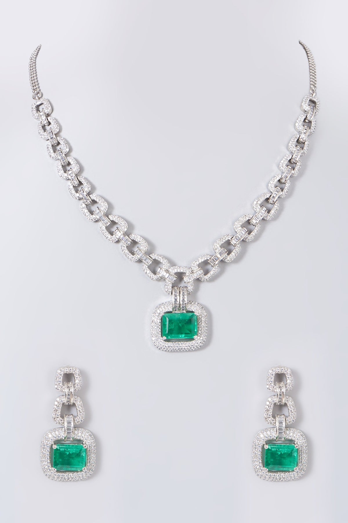 White Finish Green Stone & Zircon Necklace Set