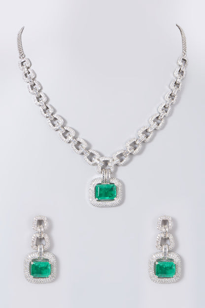 White Finish Green Stone & Zircon Necklace Set