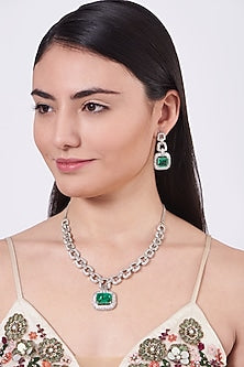 White Finish Green Stone & Zircon Necklace Set