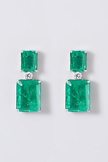 White Finish Green Stone & Zircon Dangler Earrings