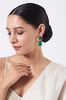 White Finish Green Stone & Zircon Dangler Earrings