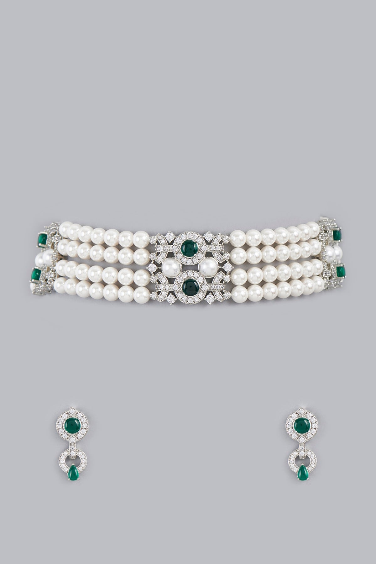 White Finish Pearl & Zircon Choker Necklace Set