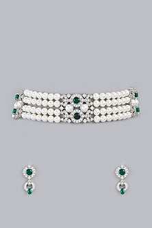 White Finish Pearl & Zircon Choker Necklace Set