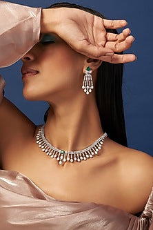 White Finish Zircon & Green Stone Necklace Set