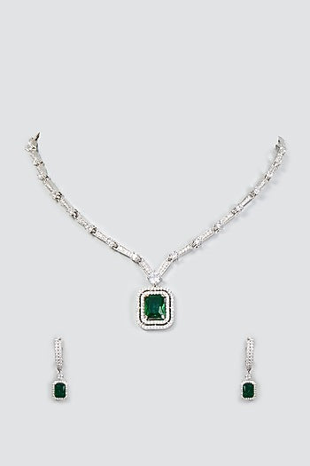 White Finish Zircon & Emerald Necklace Set
