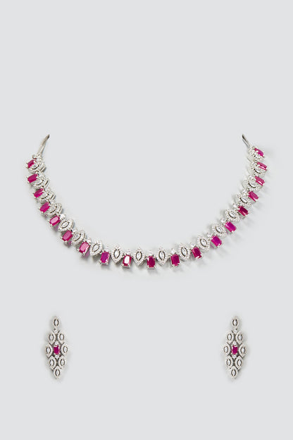 White Finish Zircon & Ruby Necklace Set
