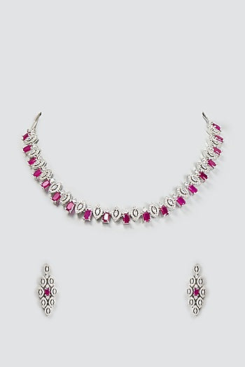 White Finish Zircon & Ruby Necklace Set