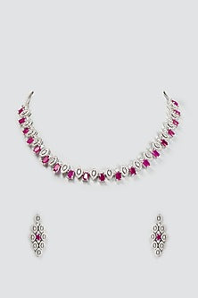White Finish Zircon & Ruby Necklace Set