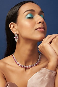 White Finish Zircon & Ruby Necklace Set