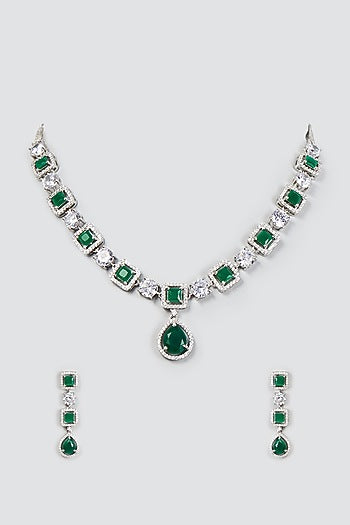 White Finish Zircon & Emerald Necklace Set