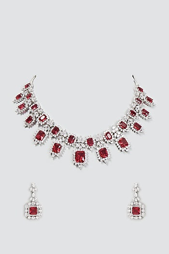 White Finish Zircon & Ruby Necklace Set