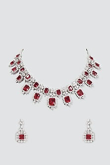 White Finish Zircon & Ruby Necklace Set