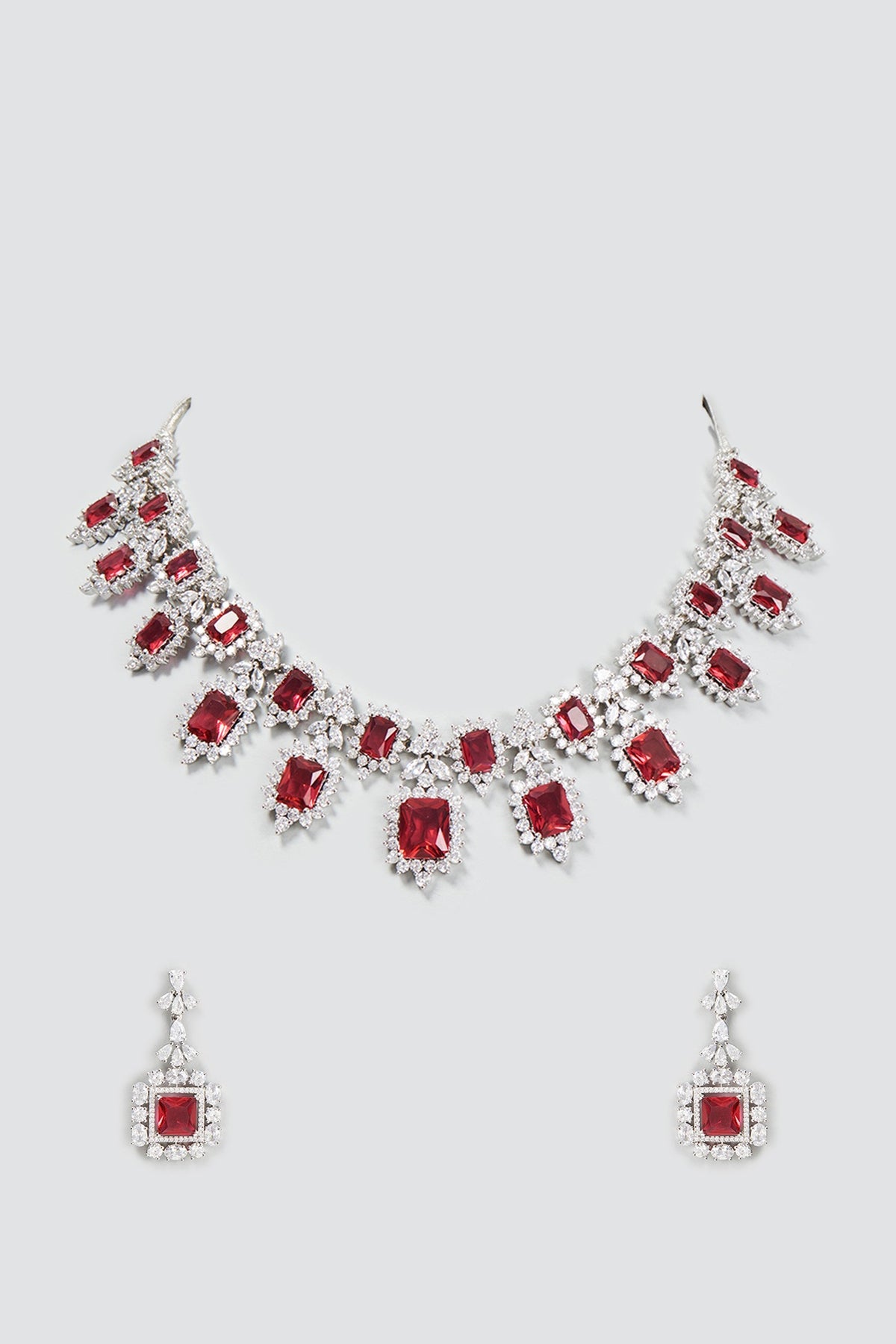 White Finish Zircon & Ruby Necklace Set