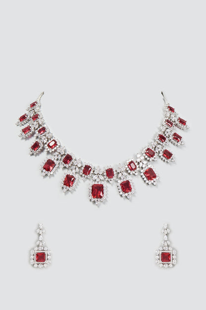 White Finish Zircon & Ruby Necklace Set