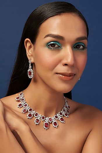 White Finish Zircon & Ruby Necklace Set