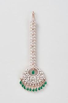 Rose Gold Finish Zircon & Emerald Synthetic Stone Maangtikka