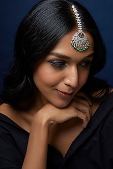 Rose Gold Finish Zircon & Emerald Synthetic Stone Maangtikka