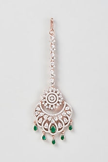 Rose Gold Finish Zircon & Green Stone Maangtikka