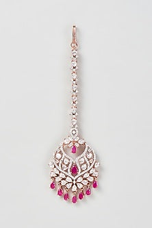 Rose Gold Finish Zircon & Pink Stone Maangtikka