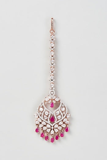 Rose Gold Finish Zircon & Pink Stone Maangtikka