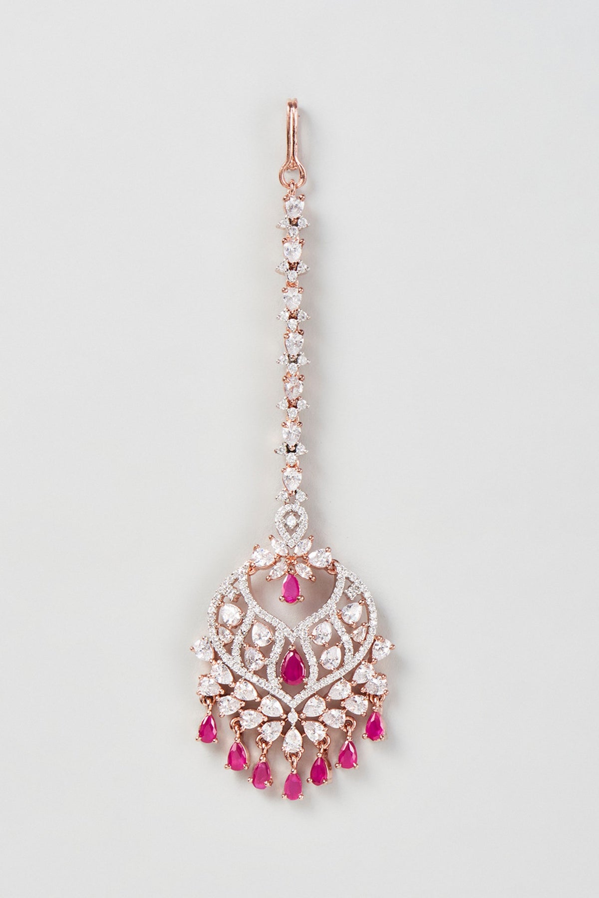 Rose Gold Finish Zircon & Pink Stone Maangtikka