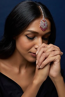 Rose Gold Finish Zircon & Pink Stone Maangtikka