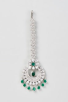 White Finish Zircon & Green Stone Maangtikka