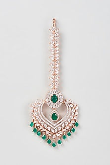 Rose Gold Finish Zircon & Green Stone Maangtikka