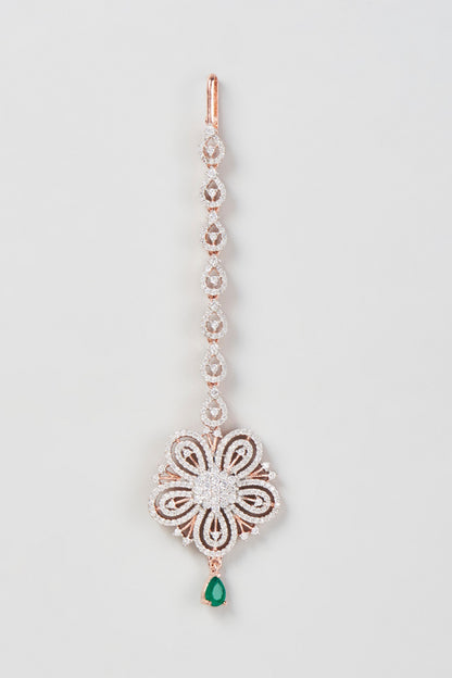 White Finish Zircon & Emerald Stone Maang Tikka