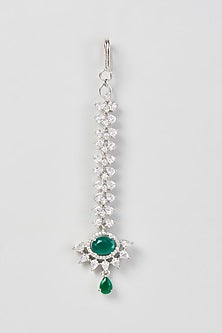 White Finish Zircon & Emerald Stone Maang Tikka